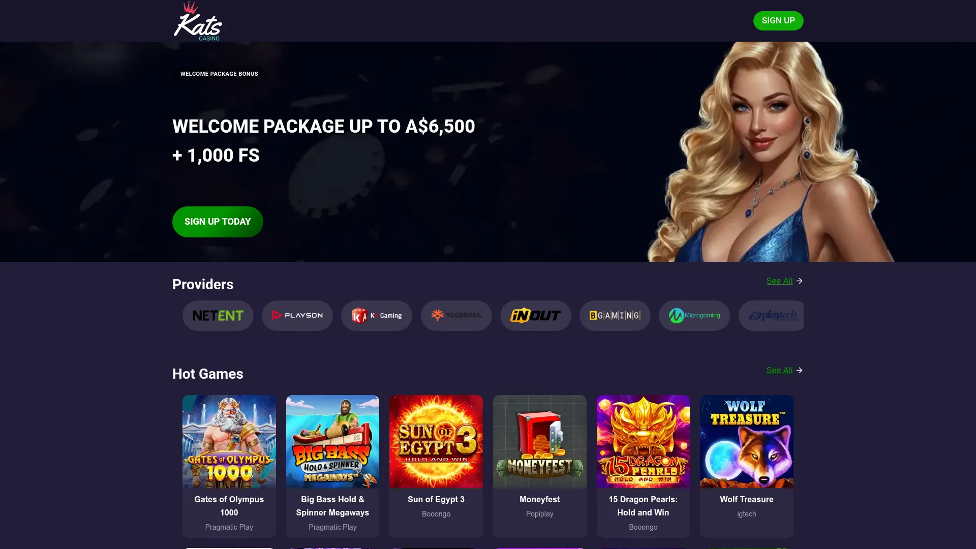 Kats Casino desktop casino interface with online casino content